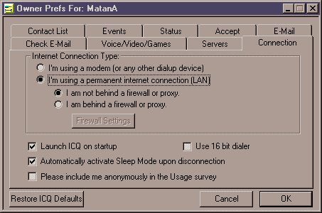 Preferences - Connection Menu