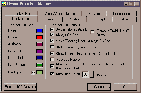 Preferences - Contact Menu