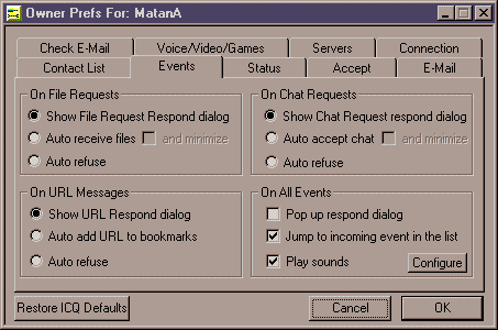 Preferences - Events Menu